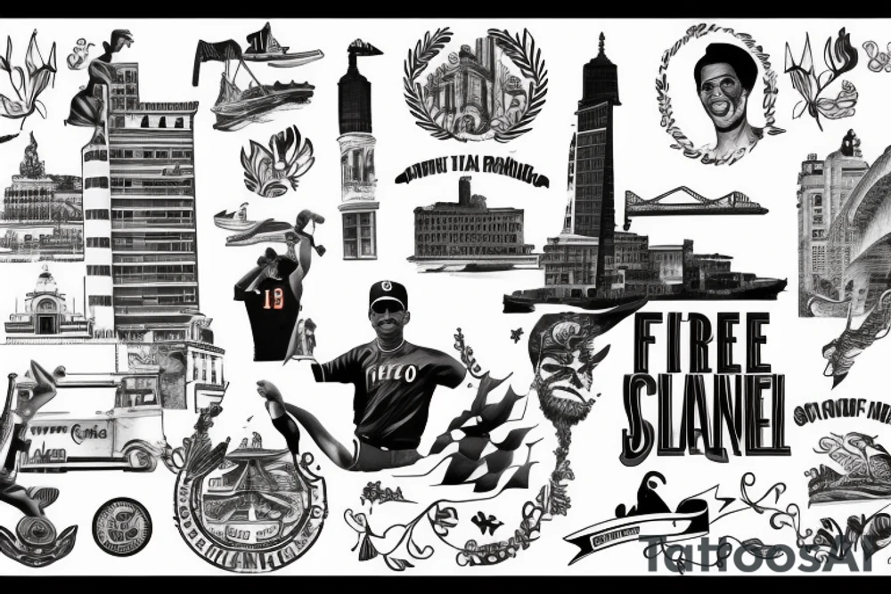 free flowing, Roberto Clemente with the old san Juan building and la Perla background tattoo idea