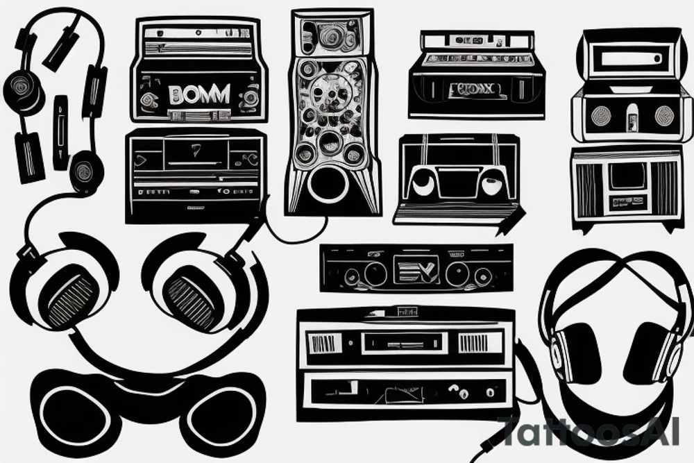 boombox and microphone and headphones tattoo idea