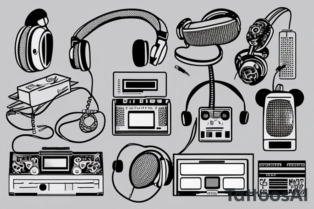 boombox and microphone and headphones tattoo idea