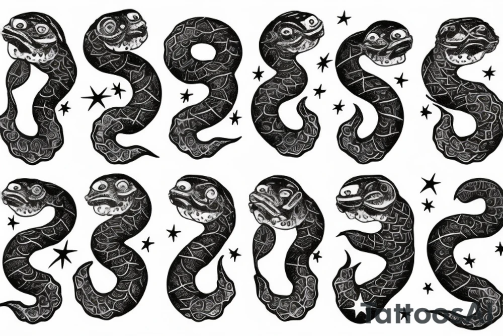 The snake on the leg is dark with stars and planets on the body tattoo idea