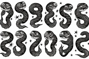 The snake on the leg is dark with stars and planets on the body tattoo idea