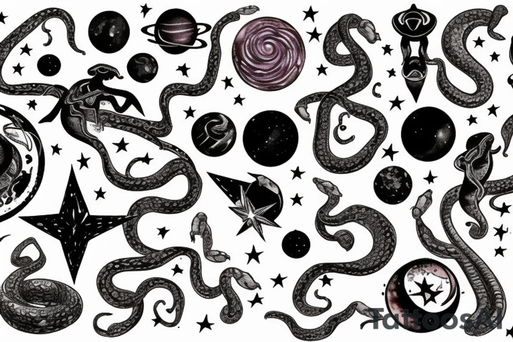 The snake on the leg is dark with stars and planets on the body tattoo idea