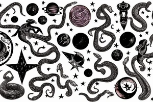 The snake on the leg is dark with stars and planets on the body tattoo idea