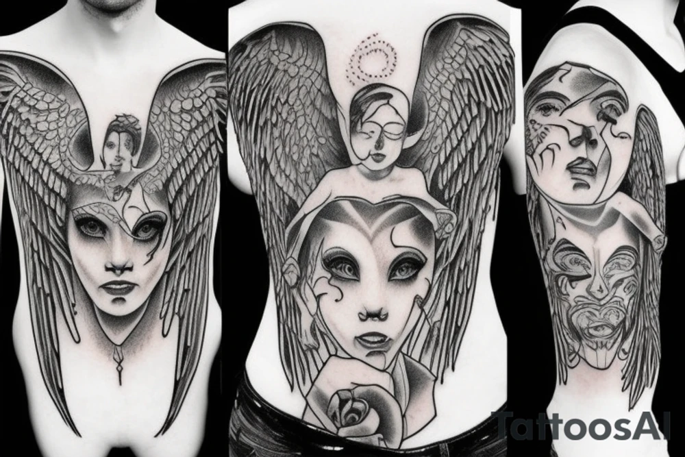 Angel and demon on shoulders whisper tattoo idea