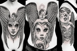 Angel and demon on shoulders whisper tattoo idea