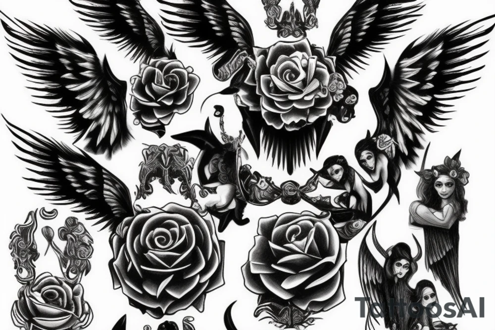 Angel and demon on shoulders whisper tattoo idea