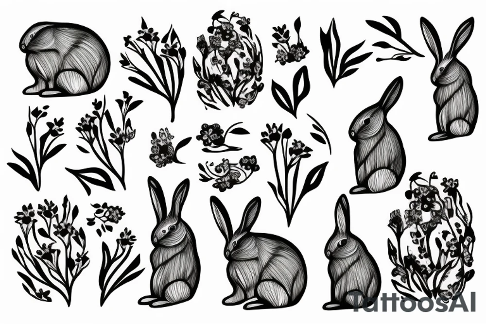 Groving rabbit with flovers, branches and roots tattoo idea