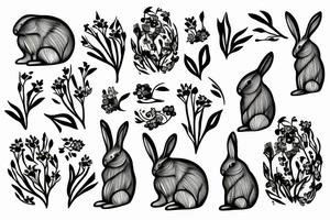 Groving rabbit with flovers, branches and roots tattoo idea