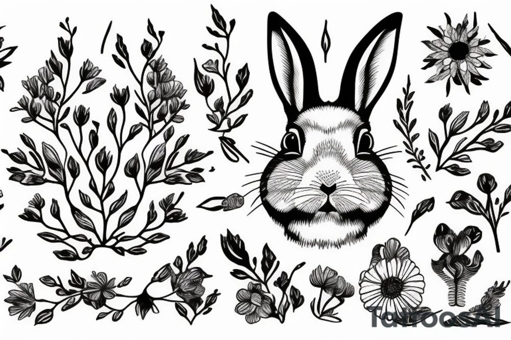 Groving rabbit with flovers, branches and roots tattoo idea