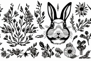 Groving rabbit with flovers, branches and roots tattoo idea