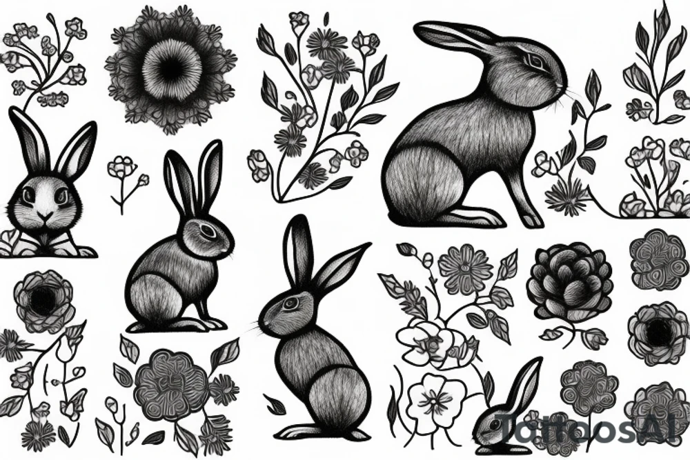 Groving rabbit with flovers, branches and roots tattoo idea
