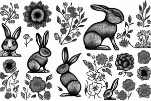 Groving rabbit with flovers, branches and roots tattoo idea