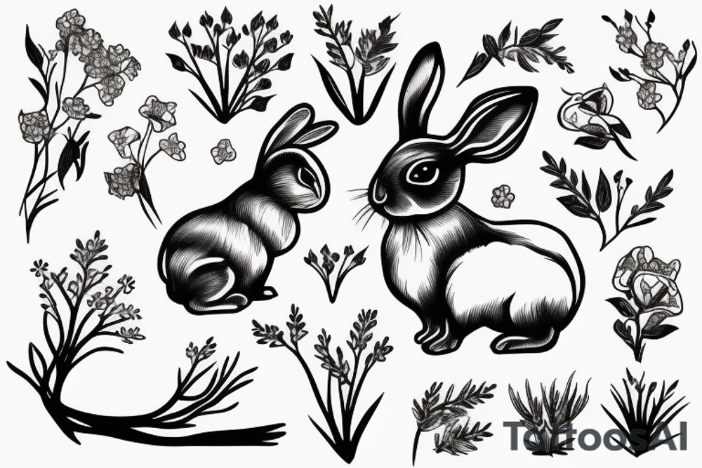 Groving rabbit with flovers, branches and roots tattoo idea