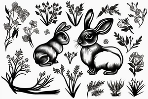 Groving rabbit with flovers, branches and roots tattoo idea