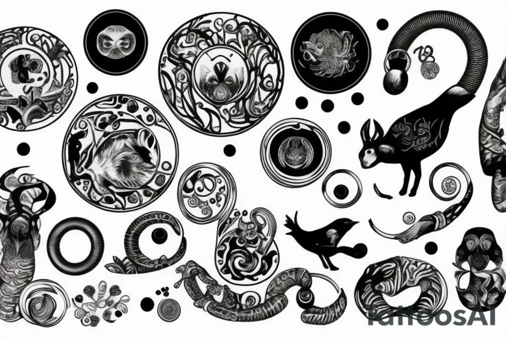 steam room with animals and rings tattoo idea