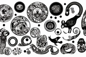 steam room with animals and rings tattoo idea