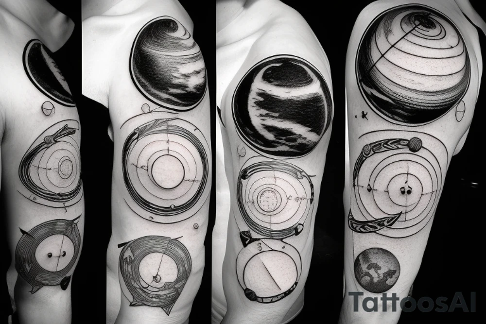A solar system with orbital lines as a half sleeve tattoo idea