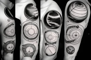 A solar system with orbital lines as a half sleeve tattoo idea