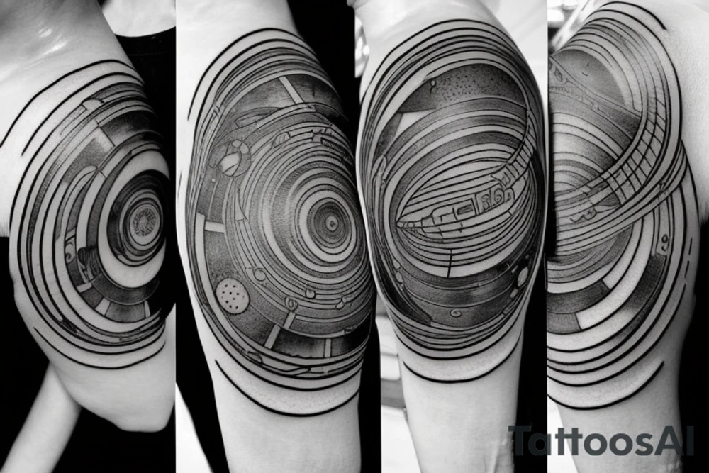 A solar system with orbital lines as a half sleeve tattoo idea