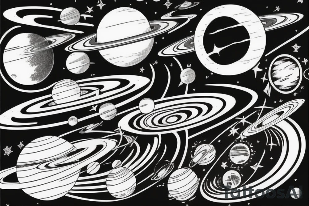 A solar system with orbital lines as a half sleeve tattoo idea