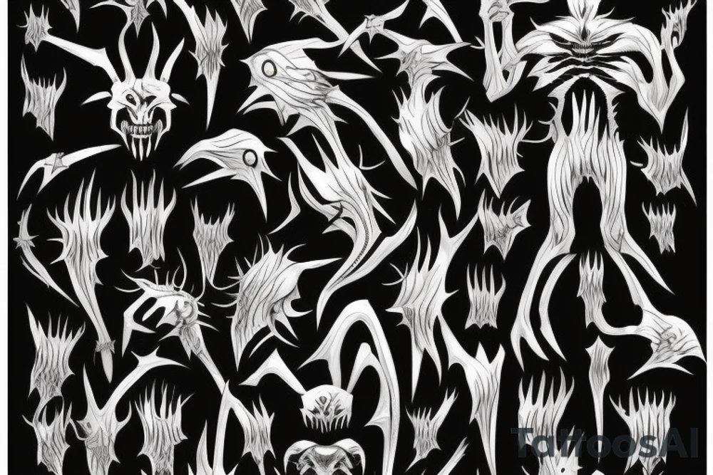 creature with spikes and multiple mouths  . standing in a scary position with non recognisable posture tattoo idea