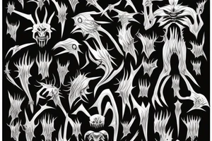 creature with spikes and multiple mouths  . standing in a scary position with non recognisable posture tattoo idea