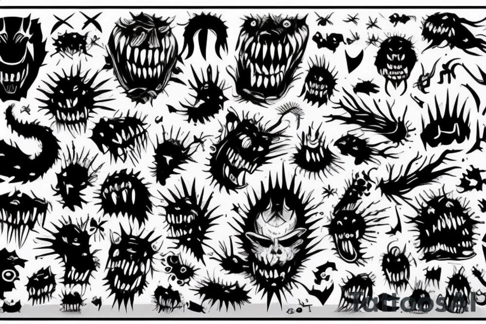 creature with spikes and multiple mouths  . standing in a scary position with non recognisable posture tattoo idea