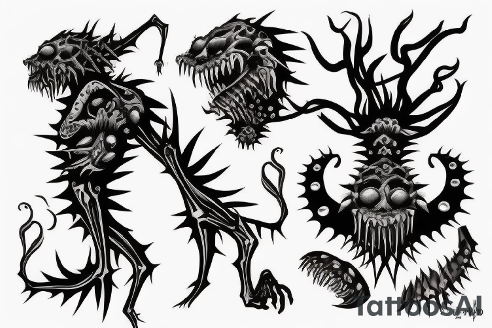 creature with spikes and multiple mouths  . standing in a scary position with non recognisable posture tattoo idea