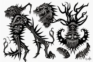 creature with spikes and multiple mouths  . standing in a scary position with non recognisable posture tattoo idea
