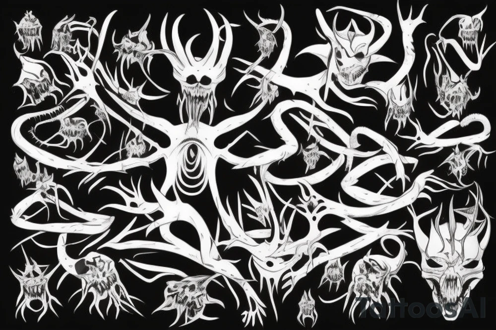 creature with spikes and multiple mouths  . standing in a scary position with non recognisable posture tattoo idea