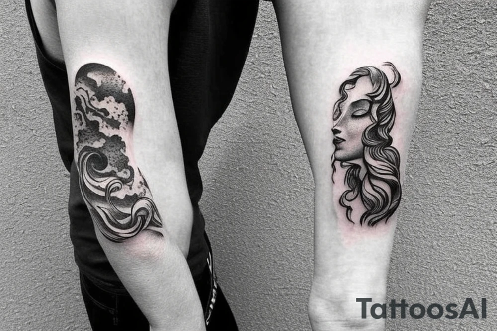 Arm sleeve tattoo. Poseidon surfacing from the ocean. Below it there's beautiful corals and sea life. Ocean and outer space lover inspired. Blends in with inspirational quotes tattoo idea