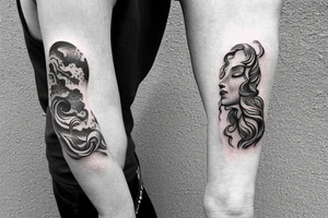 Arm sleeve tattoo. Poseidon surfacing from the ocean. Below it there's beautiful corals and sea life. Ocean and outer space lover inspired. Blends in with inspirational quotes tattoo idea