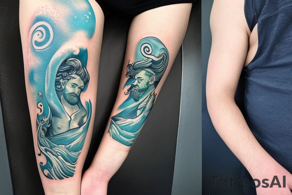 Arm sleeve tattoo. Poseidon surfacing from the ocean. Below it there's beautiful corals and sea life. Ocean and outer space lover inspired. Blends in with inspirational quotes tattoo idea