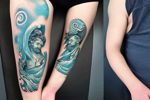 Arm sleeve tattoo. Poseidon surfacing from the ocean. Below it there's beautiful corals and sea life. Ocean and outer space lover inspired. Blends in with inspirational quotes tattoo idea