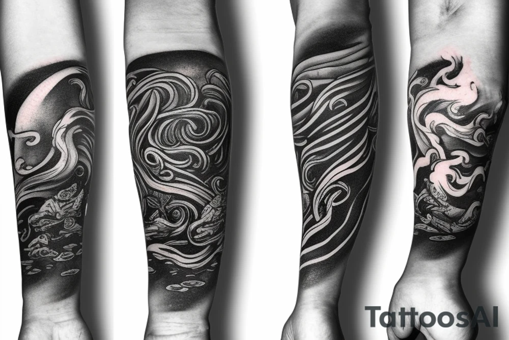 Arm sleeve tattoo. Poseidon surfacing from the ocean. Below it there's beautiful corals and sea life. Ocean and outer space lover inspired. Blends in with inspirational quotes tattoo idea