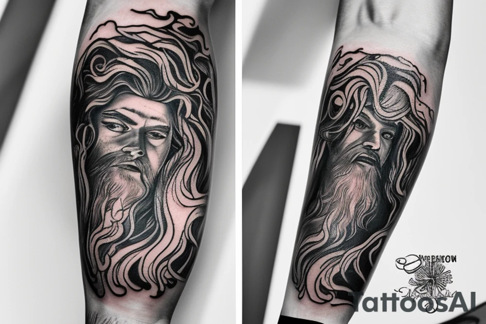 Arm sleeve tattoo. Poseidon surfacing from the ocean. Below it there's beautiful corals and sea life. Ocean and outer space lover inspired. Blends in with inspirational quotes tattoo idea