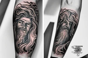 Arm sleeve tattoo. Poseidon surfacing from the ocean. Below it there's beautiful corals and sea life. Ocean and outer space lover inspired. Blends in with inspirational quotes tattoo idea
