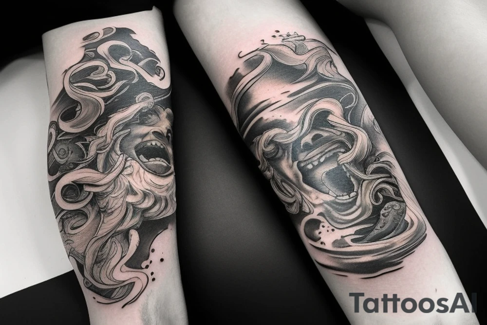Arm sleeve tattoo. Poseidon surfacing from the ocean. Below it there's beautiful corals and sea life. Ocean and outer space lover inspired. Blends in with inspirational quotes tattoo idea