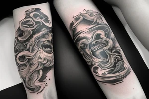 Arm sleeve tattoo. Poseidon surfacing from the ocean. Below it there's beautiful corals and sea life. Ocean and outer space lover inspired. Blends in with inspirational quotes tattoo idea