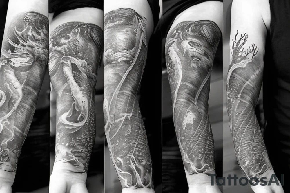Arm sleeve tattoo. Poseidon surfacing from the ocean. Below it there's beautiful corals and sea life. Ocean and outer space lover inspired. Blends in with inspirational quotes tattoo idea