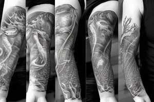 Arm sleeve tattoo. Poseidon surfacing from the ocean. Below it there's beautiful corals and sea life. Ocean and outer space lover inspired. Blends in with inspirational quotes tattoo idea