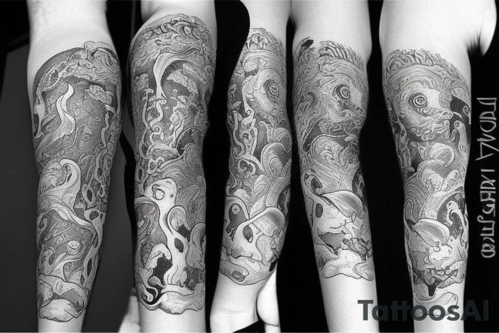 Arm sleeve tattoo. Poseidon holding trident surfacing from the ocean. Below it there's beautiful corals and sea life. Ocean and outer space lover inspired. Blends in with inspirational quotes tattoo idea