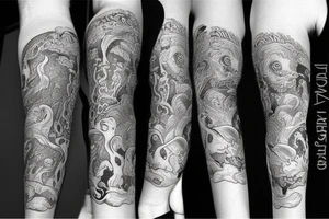 Arm sleeve tattoo. Poseidon holding trident surfacing from the ocean. Below it there's beautiful corals and sea life. Ocean and outer space lover inspired. Blends in with inspirational quotes tattoo idea