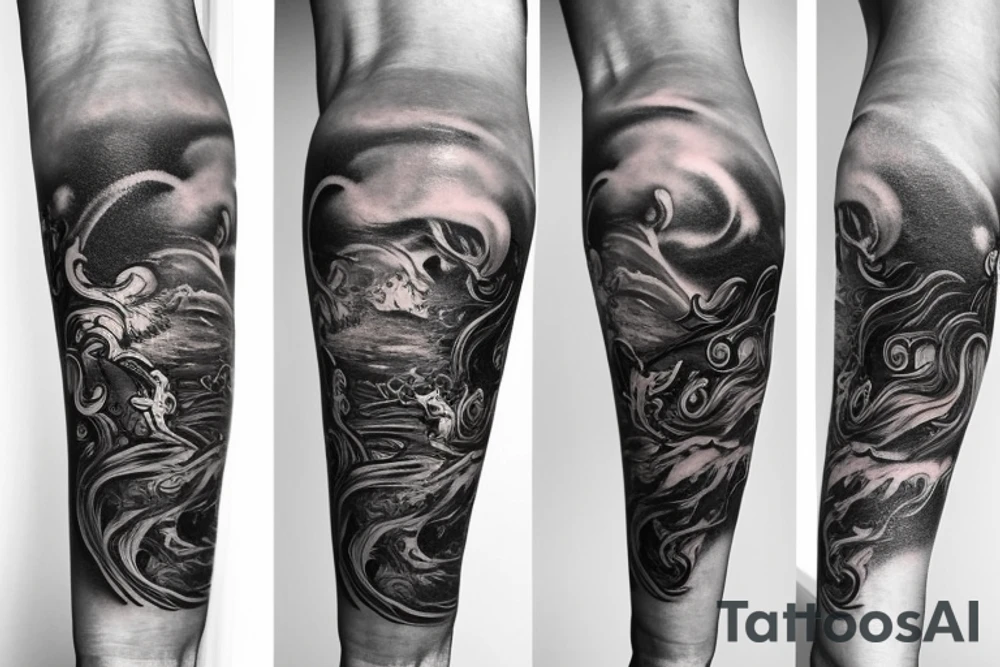 Arm sleeve tattoo. Poseidon holding trident surfacing from the ocean. Below it there's beautiful corals and sea life. Ocean and outer space lover inspired. Blends in with inspirational quotes tattoo idea