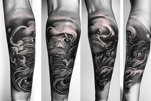 Arm sleeve tattoo. Poseidon holding trident surfacing from the ocean. Below it there's beautiful corals and sea life. Ocean and outer space lover inspired. Blends in with inspirational quotes tattoo idea
