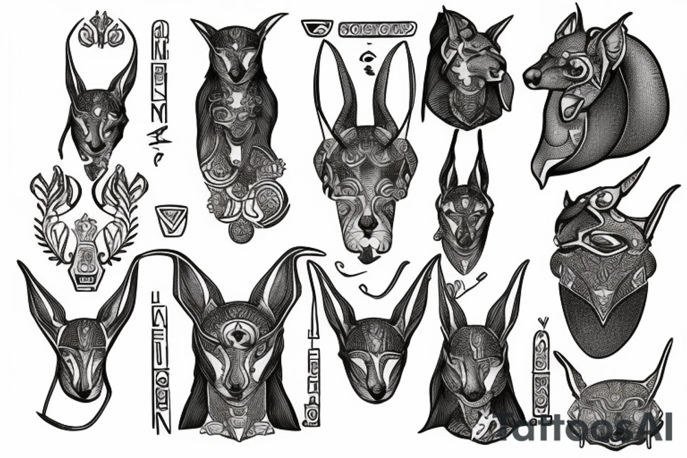 Anubis face and hyroglyphs tattoo idea