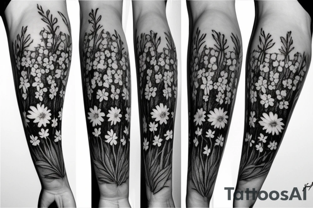 Tree with delphinium and daisy flowers tattoo idea