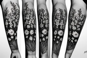Tree with delphinium and daisy flowers tattoo idea