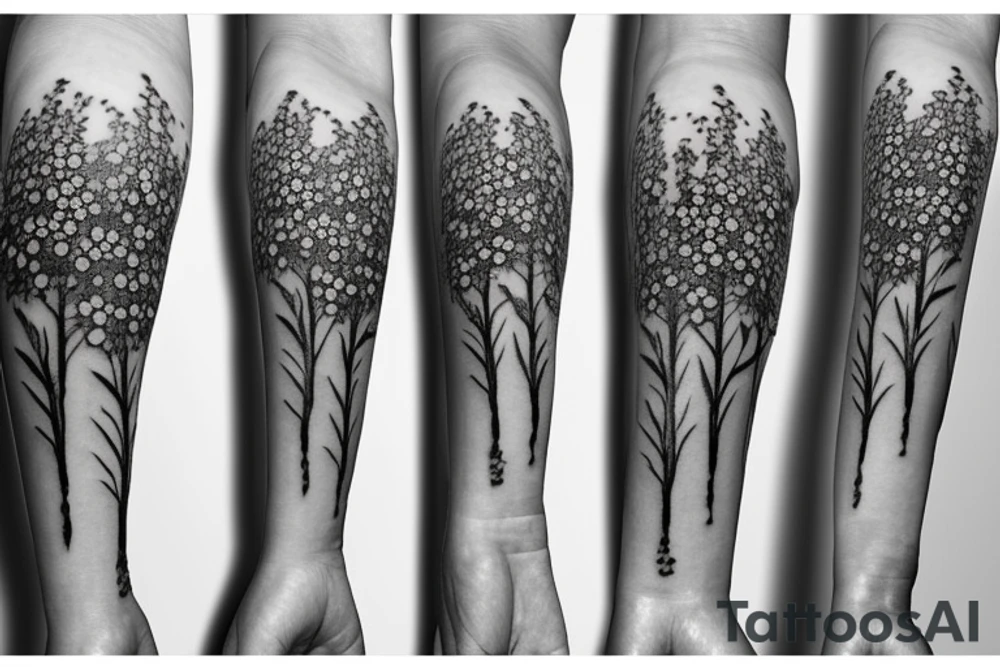 Tree with delphinium and daisy flowers tattoo idea