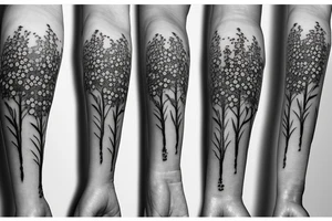 Tree with delphinium and daisy flowers tattoo idea